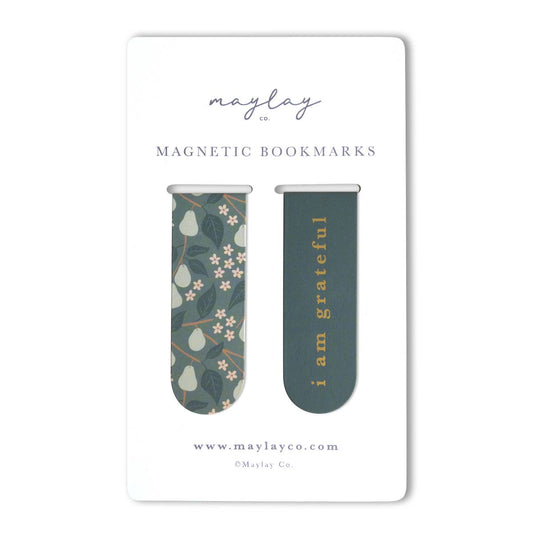 Maylay Co. - Pears Floral "I Am Grateful" Magnetic Gold Foil Bookmarks (Set of 2)