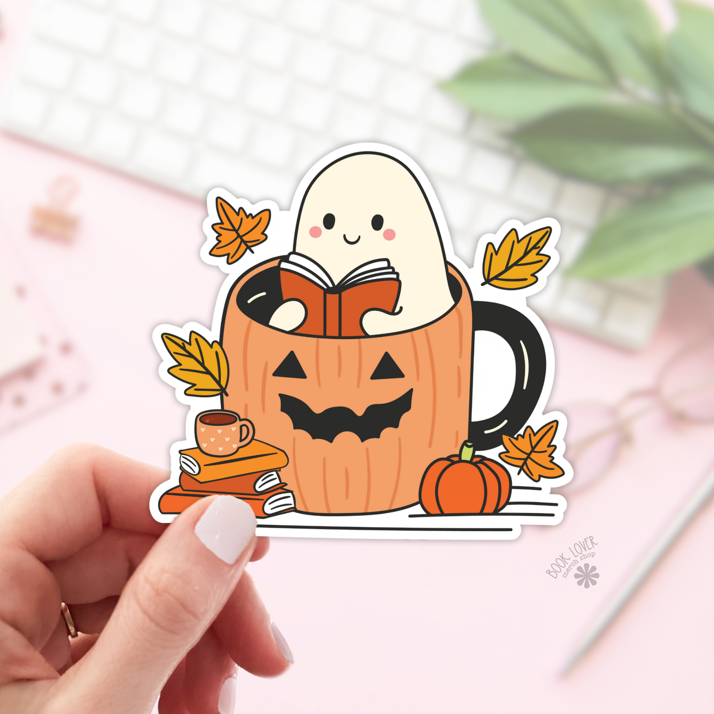 Book Lover Merch Shop - Ghost Reading in a Pumpkin Mug Stickers / Bookish Stickers