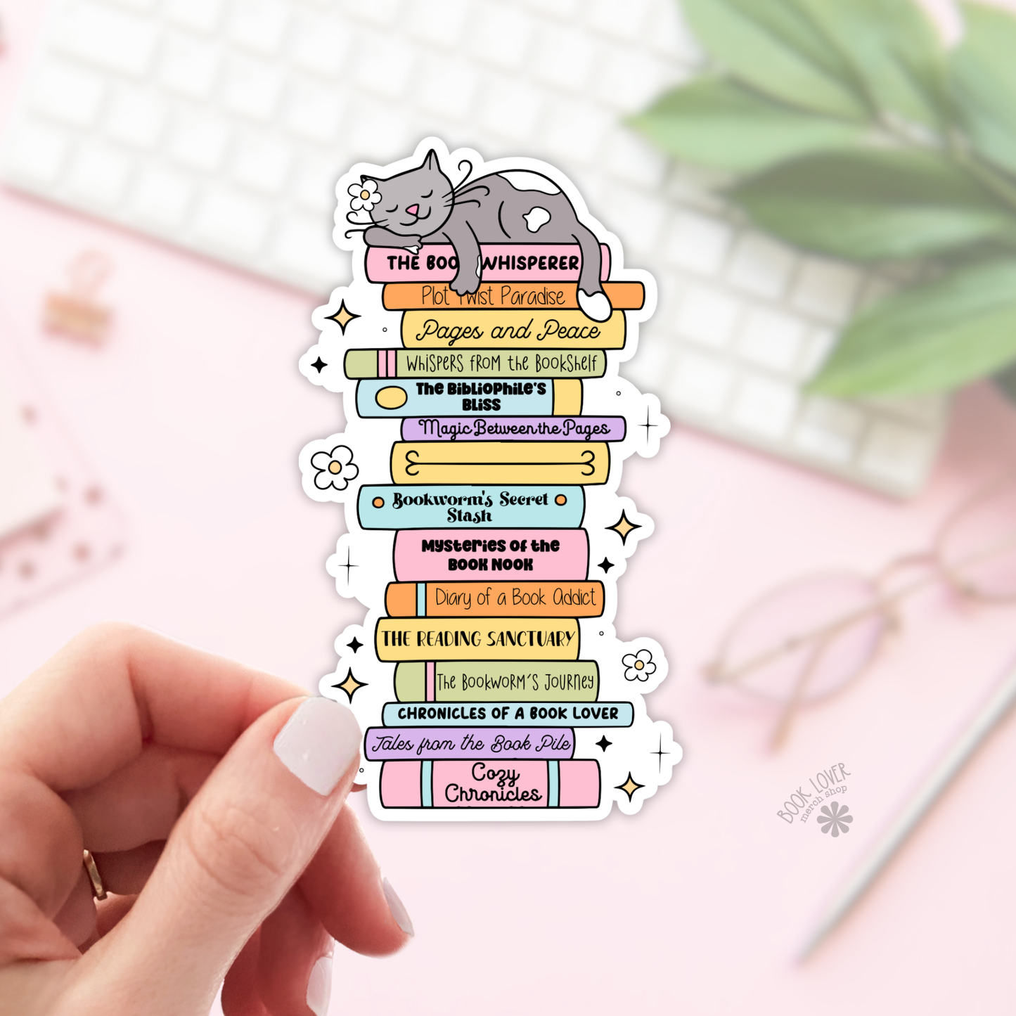 Book Lover Merch Shop - Cat On Stack Of Books Stickers / Bookish Stickers