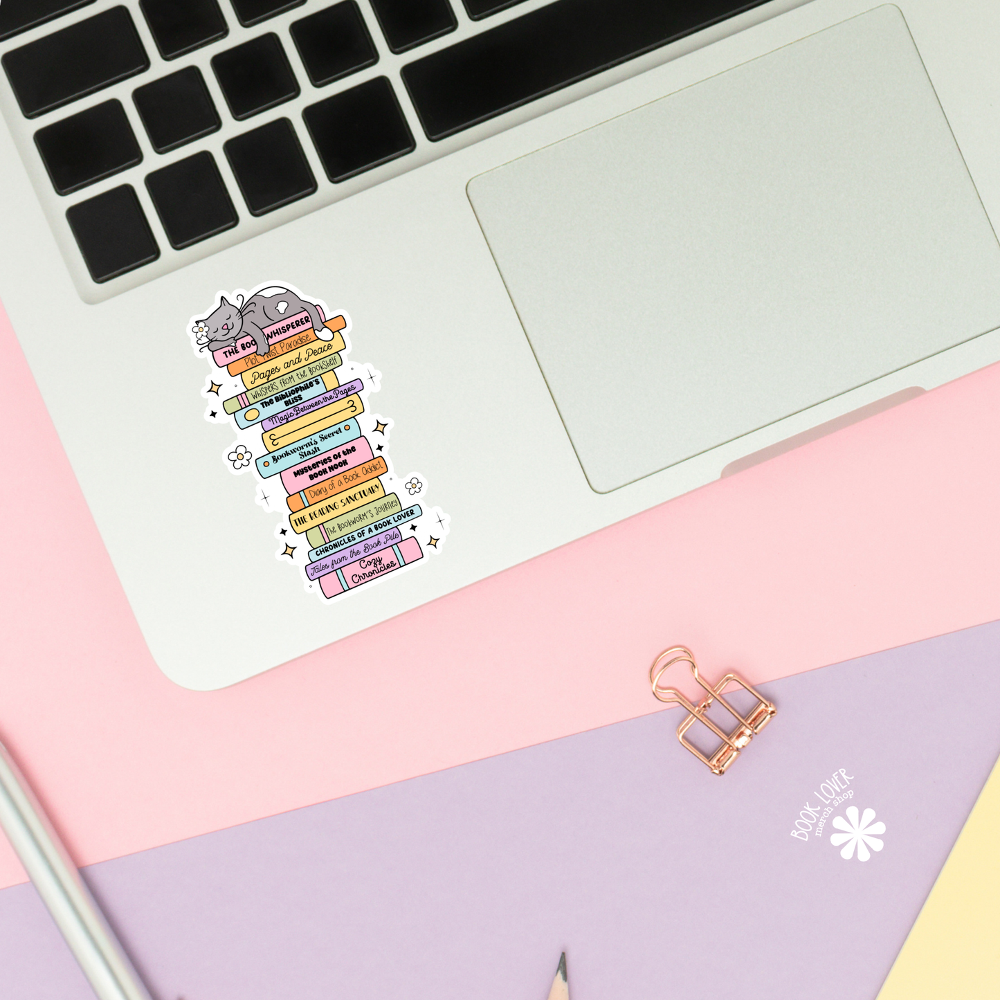 Book Lover Merch Shop - Cat On Stack Of Books Stickers / Bookish Stickers