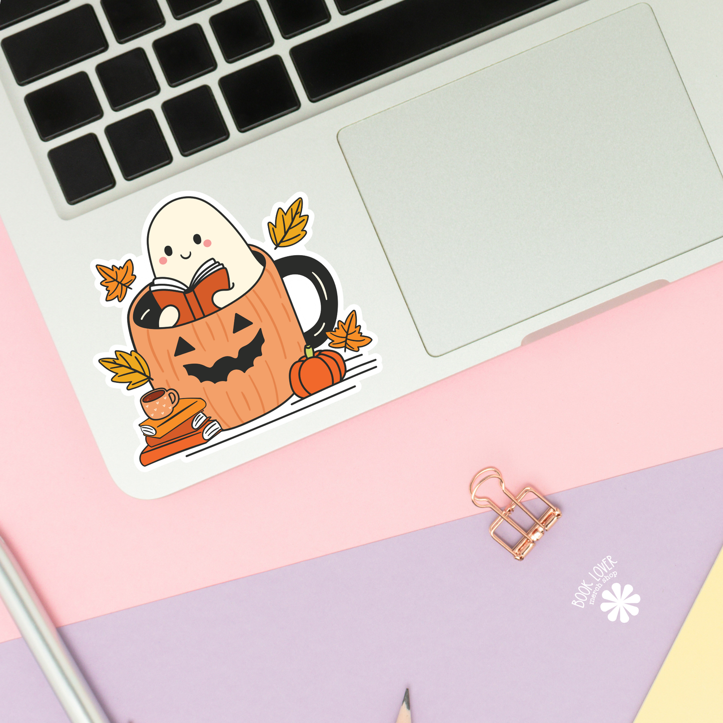 Book Lover Merch Shop - Ghost Reading in a Pumpkin Mug Stickers / Bookish Stickers