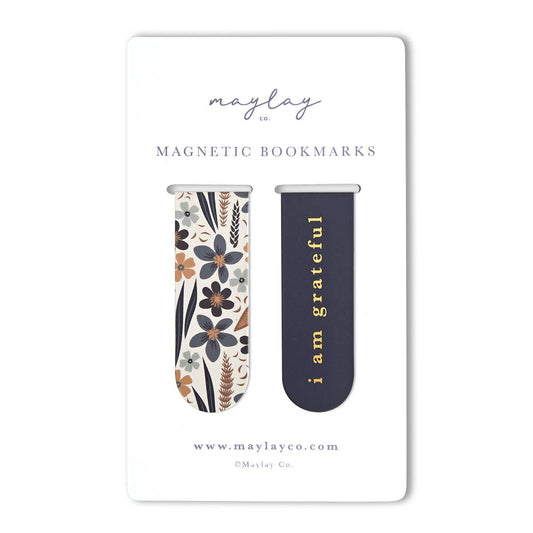 Maylay Co. - Misty Bloom Floral "I Am Grateful" Magnetic Gold Foil Bookmarks (Set of 2)