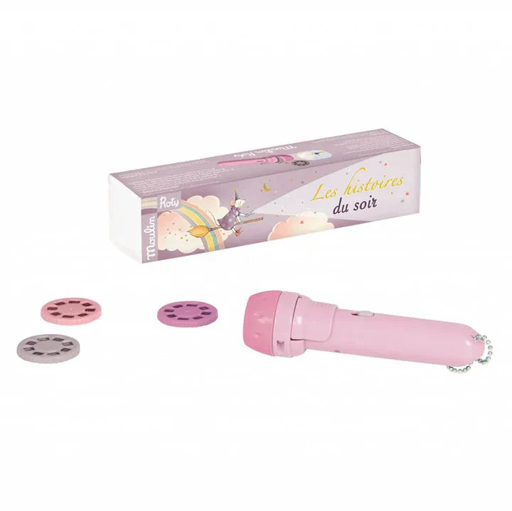 To put toddlers to sleep and develop their imagination: a flashlight, with three plug-in discs that project onto the wall and tell a story in colour.